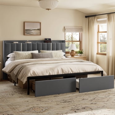 GUNAITO King Bed Frame with Storage Headboard Upholster Platform Bed Frame with LED Lights and USB Ports & Outlets Grey