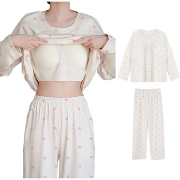 cfhntfmh Ensembles de Pyjamas pour Femmes avec Soutien-Gorge Intégré Décontractés à Manches Longues Col Ras du Cou Chemises de Nuit avec Pantalon Long Doux Ensemble de Vêtements de Nuit