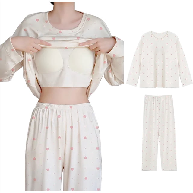 cfhntfmh Ensembles de Pyjamas pour Femmes avec Soutien-Gorge Intégré, Chemises de Nuit Décontractées à Manches Longues et Col Rond avec Pantalons Longs Doux