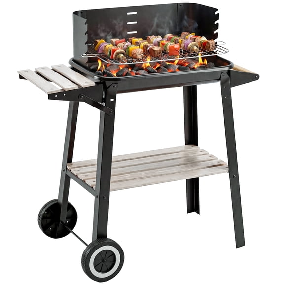 Outsunny Barbecue au Charbon Portable pour l'Extérieur avec Grille de Cuisson Réglable et Pare-Vent, Chariot de Barbecue avec Tablettes de Rangement et Roues pour la Cuisson en Plein Air