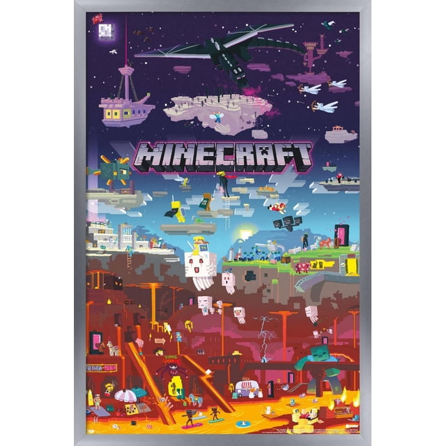 Minecraft - World Beyond Wall Poster, 22.375" x 34" featuring pixel art from Minecraft with floating islands, Ender Dragon, ghasts, and mobs in a layered sky-to-nether scene, printed on glossy poster paper for vibrant wall art and easy hanging with adhesive mounts, suitable for bedroom or office decor.