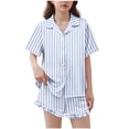 thumbnail image 1 of BLVB Girls Pajamas Satin Pajama Set Silk Pjs Short Sleeve Button down Shirts Summer Ruffle Sleepwear for Big Kids 5-15Y, 1 of 6