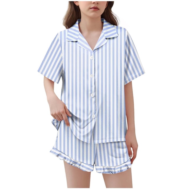 BLVB Girls Pajamas Satin Pajama Set Silk Pjs Short Sleeve Button down Shirts Summer Ruffle Sleepwear for Big Kids 5-15Y