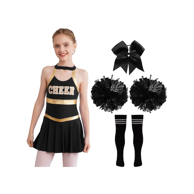 Alvivi Robe de Cheerleading pour Filles Enfants Tenue Uniforme de Cheerleader avec Pompons Chaussettes Ensemble de Costumes B Noir&Blanc 12