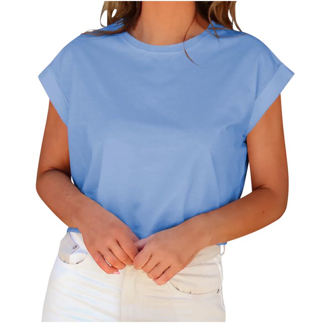 Timegard Womens Tops Crew Neck Cap Sleeve Cropped Top Summer Basic Tees Casual Loose Tank Top Blouse