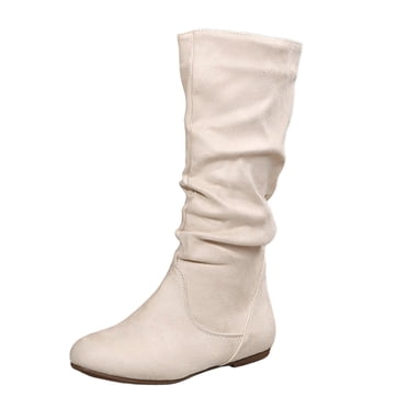 YOUSNH Bottes Plissées en Suède Unies pour Femmes, Style Britannique, Semelle Plate, Bottes Mi-Hautes, Bottines pour Femmes, Beige 7.5