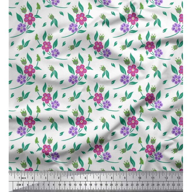 Soimoi Rayon Fabric Leaves & Periwinkle Floral Print Sewing Fabric Yard 42 Inch Wide