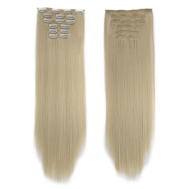 RKSTN Perruques Cheveux Humains Mode Cheveux Longs Extensions à Clip Perruque Lisse Complète. Deux Ensembles d'Extension de Cheveux Lisses, Blonds à Clip avec clips Sécurisés Fixés en Haut. Fabriquées à Partir d'Un Matériau Synthétique Résistant aux Hautes Températures, Ces Extensions Sans Colle Sont Soyeuses, Douces et Se Fondent Naturellement dans Vos Cheveux. Conçues pour une application et un Entretien Faciles, Convenant à Créer des Coiffures Plus Épaisses et Plus Longues, à Ajouter des Mèches Ou à Mettre à Jour Votre Style pour des occasions Spéciales.