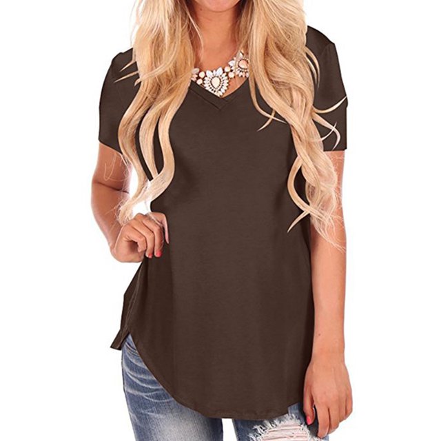 MAWCLOS Ladies Tee Solid Color T Shirt V Neck Tops Casual Holiday Short Sleeve Tunic Blouse Coffee XL