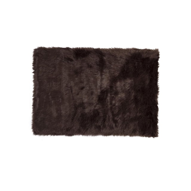 H-Luxe Hudson Faux Fur 2'X3' Rug in dark brown with plush acrylic pile and microsuede antiskid backing, shown flat with one corner lifted, ideal as an indoor accent rug providing warmth and softness, often used as a cozy seat cover or draped over furniture.