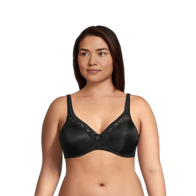 Warners Women's Firm Support Wireless Stretch Comfort Bra in black, front view on a model, featuring soft wireless cups with lace trim along the neckline and adjustable straps, designed for firm support and a stretch fit in women's wireless bras.