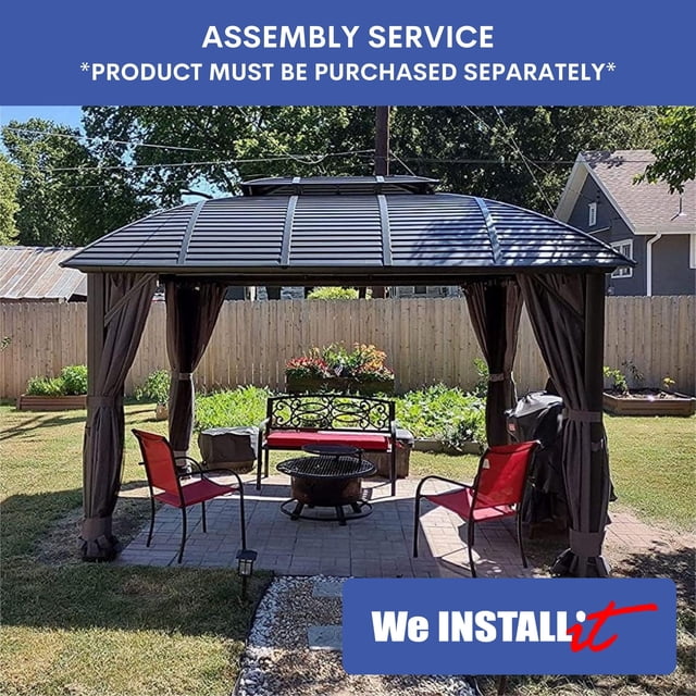 Home Installation Service - Hardtop Gazebo Assembly for structures measuring 11 to 13 feet on the longest side. The image shows a professionally assembled hardtop gazebo in a backyard setting, featuring a metal roof, curtains, and outdoor furniture underneath. Service provided by We Install It, with nationwide coverage, fixed pricing, and flexible scheduling.