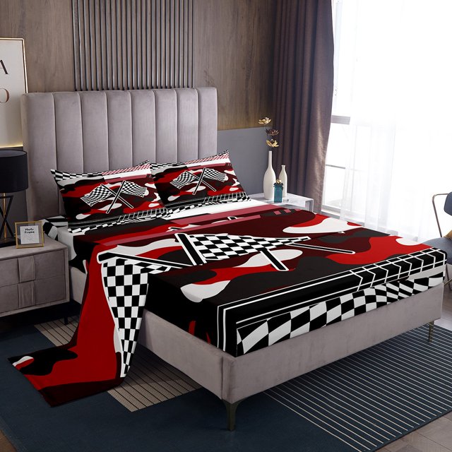 YST Draps de Course Taille Simple, Ensemble de Draps de Voiture de Course Rouge pour Enfants Garçons Drapeau Camouflage, Ensemble de Literie Sports Cool Vitesse Extrême Automobile Échiquier 3 Pcs