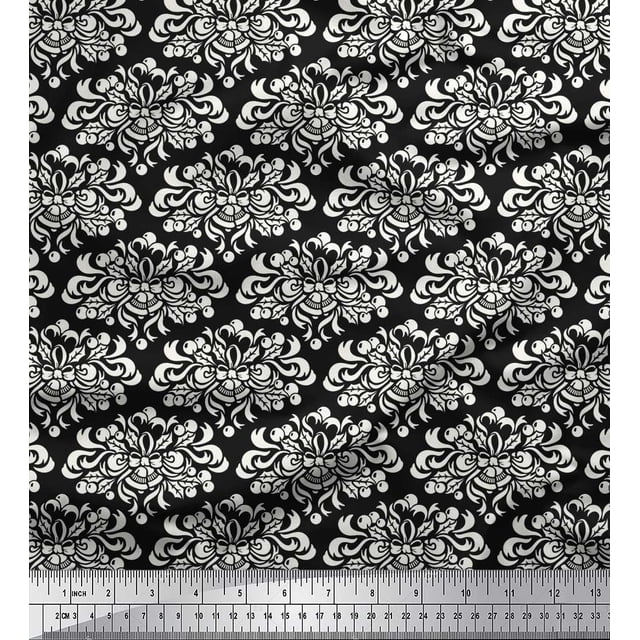 Soimoi Black Heavy Satin Fabric Filigree Damask Print Sewing Fabric Yard 54 Inch Wide