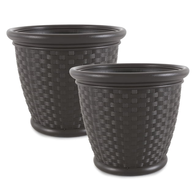 Suncast Sonora Jardinière Décorative en Résine Osier de 18 Pouces, Brun (Lot de 2)