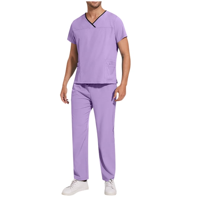 Cameland Scrubs Set Men Stretch V-Neck Scrub Top and Elastic Waistband Pants Scrubs for Men, Men's Workwear Uniform. The image shows a man wearing a lavender scrub set, including a short-sleeve V-neck top with black trim and elastic waistband pants. The top features two front pockets, and the pants provide a relaxed fit. Made from a soft, stretchy poly/rayon/spandex blend, this uniform is designed for comfort and durability, ideal for healthcare professionals.