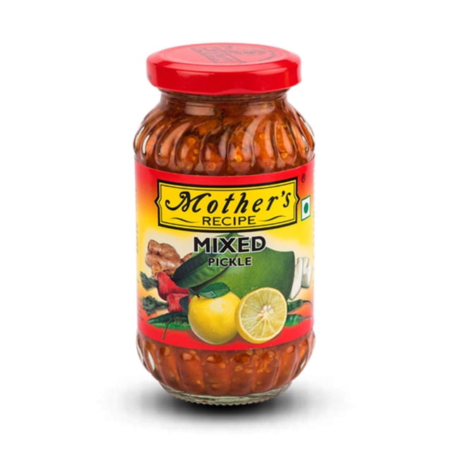 Mother's Recipe Mixed Pickle, 500g, in a clear glass jar with a red lid, showing diced mango, lime, and vegetables marinated in oil and traditional Indian spices, labeled with images of lemon, green chili, and ginger, suitable for enhancing Indian breads and meals.