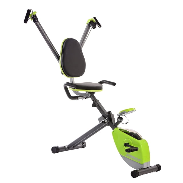 Stamina Wonder Exercise Bike with black padded seat and backrest trimmed in lime green, adjustable Wonder Arms with padded grips for upper-body resistance, a multi-function digital monitor above the lime green flywheel housing, textured pedals, and a compact foldable frame suitable for full-body cardio and strength workouts.