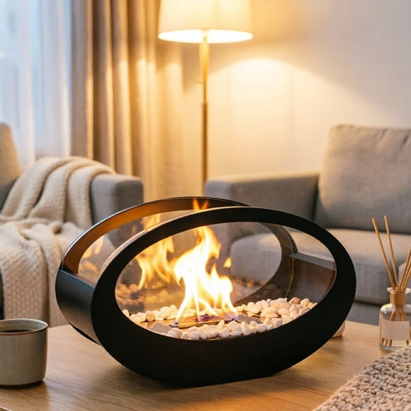 Outdor Desktop Fireplace Elliptical Shaped Real Fire Fireplace Black Metal Stove Living Room Heating Fireplace