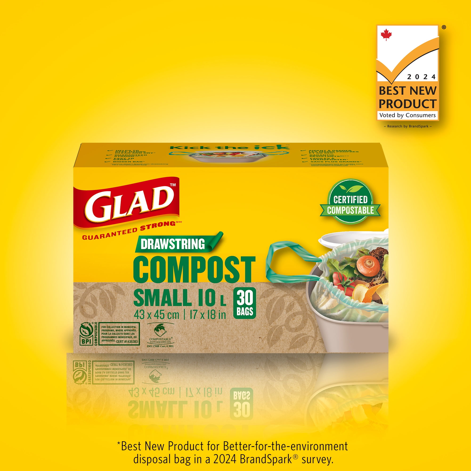 Glad Certified Compostable Drawstring Bags - Small 10 Litres - Drawstring, 30 Compost Trash Bags -