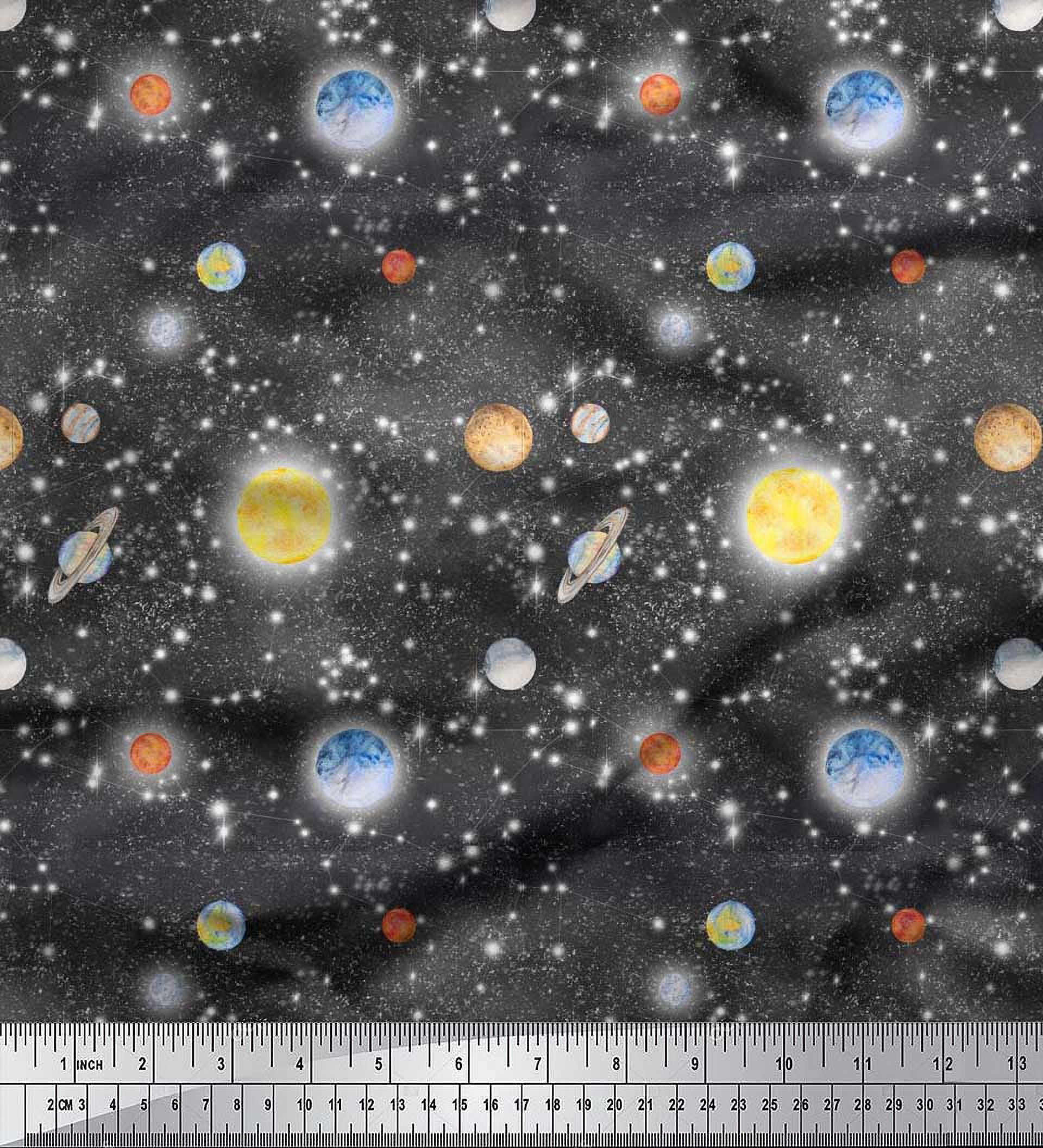 Soimoi polyester Crepe Fabric Planet & Sun Galaxy Printed Craft Fabric by the Yard 42 Inch Wide