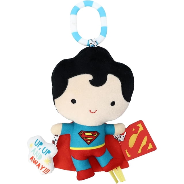 Jouet Peluche d'Activité Préféré pour Enfants DC Heroes Superman avec Cheveux Noirs Doux, Combinaison Bleue Mettant en Vedette l'Emblème Superman Rouge et Jaune, cape Rouge et Pince Rayée Bleue et Blanche Attachée. Comprend des Rubans Sensoriels, un Anneau de Dentition en silicone Sans BPA, un Hochet, des Sons Froissés, et une Étiquette en Tissu avec le logo Superman et le Texte « Up, Up and Away!!! » pour le Développement Sensoriel des Nourrissons et pour Apaiser.