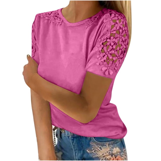 Plebaso T-Shirts pour Femmes 2025 Manches Courtes Décontractées Col Rond Hauts Élégants Blouses Habillées pour Femmes P-5TG