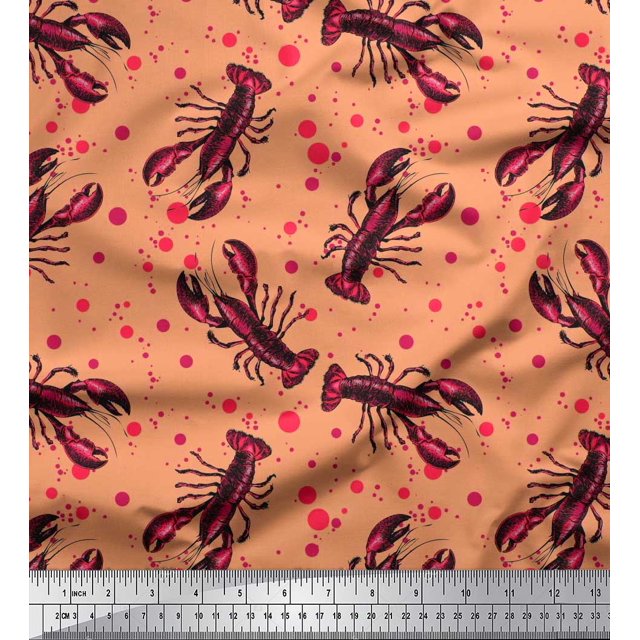Soimoi Polyester Crepe Fabric Dot & Lobster Ocean Printed Craft Fabric by The Yard 42 Inch Wide