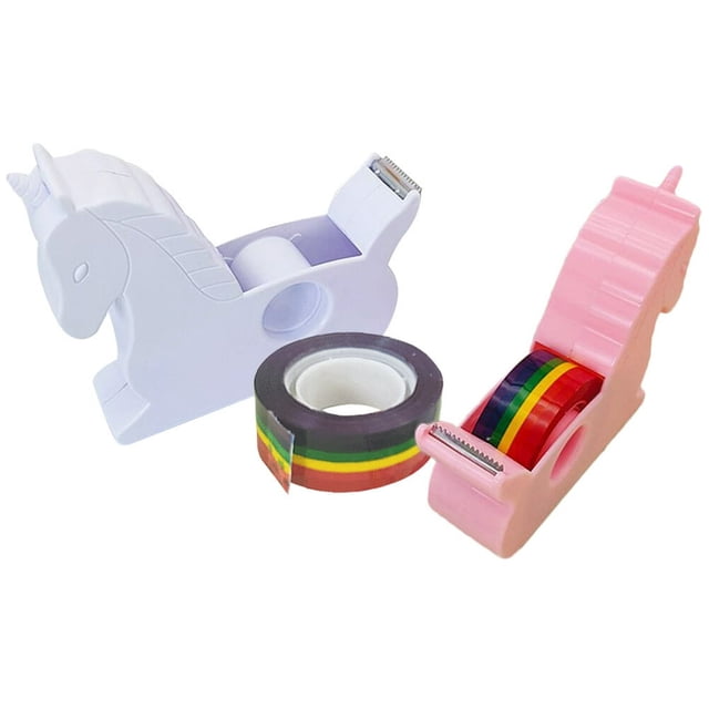 HLONK 2 Pcs Desktop Tape Dispenser Portacelos Cutter Adhesive Reel in assorted colors, featuring a unicorn-shaped white dispenser and a pink dispenser. Both are compact, measuring 9.10x8.50x2.60cm, and include colorful adhesive tape rolls. Made of sturdy stainless steel, these dispensers are suitable for home, office, or school use, combining functionality with a decorative design.