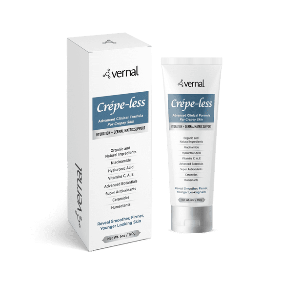 Crepe-less crepey skin firming cream to erase crepey arms, neck & hands. Finally, an organic cream that uses facial ingredients for your body! Best moisturizer to treat saggy, crepe skin.