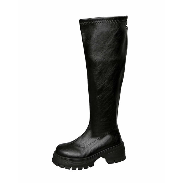 QHFBli Low Heel Tall Boots Elevated Knee High Riding Boots With Platform Sole and Rear Zipper Closure for Fall Winter Fashion Comfortable Footwear