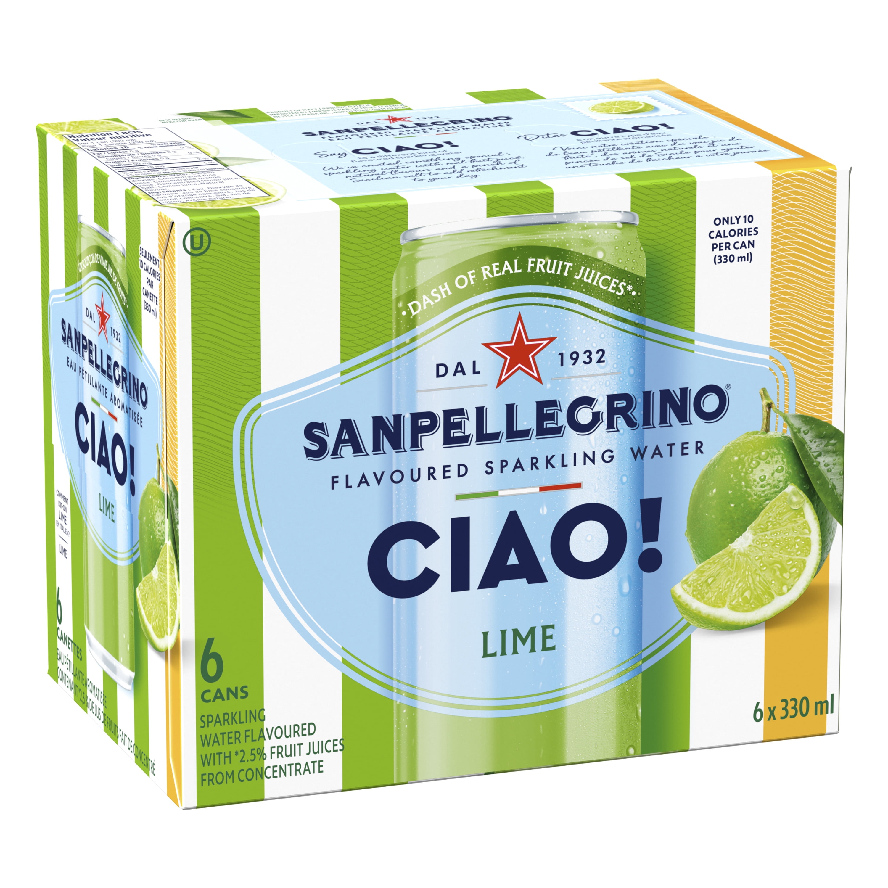 San Pellegrino CIAO! Eau Pétillante Aromatisée à la Lime, Touche de Vrai Jus de Fruits 6x330ml