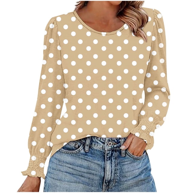 HAiming Chemises à Pois pour Femmes Décontractées à Col Rond Hauts à Volants Plissés Blouse Basique Chic T-Shirts de Travail
