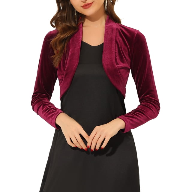 INSPIRE CHIC Boléro Court en Velours à Manches Longues Ouvert à l'Avant pour Femme TP Bourgogne. Ce Boléro Court Bourgogne Ajusté Présente un Col Châle et un design Uni, Fabriqué à Partir d'Un Mélange Léger de polyester et d'Élasthanne. Parfait pour Superposer sur des Robes, des Hauts Ou des cardigans pour des Mariages, des Cocktails Ou pour le Bureau.