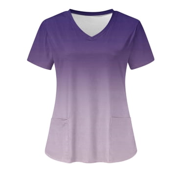 TIMIFIS Hauts de Sarrau pour Femmes à Imprimé Dégradé, Col en V, Manches Courtes, Uniformes d'Infirmières Professionnelles, Haut Médical, Hauts de Sarrau d'Été Décontractés pour le Travail avec Poches - Printemps/été