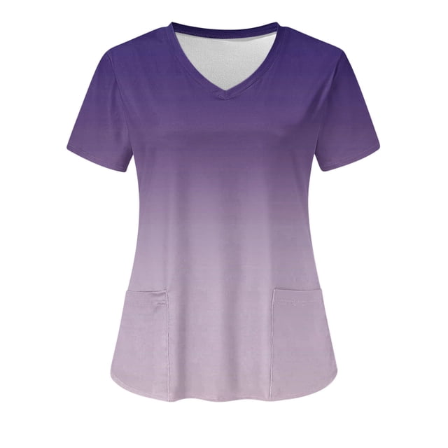 Cameland Women's Working Uniform Nursing Uniform With Two Pockets Scrubs Top Gradient Color Short Sleeve V-neck Tee