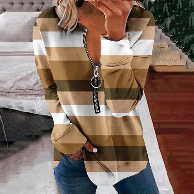 Chandails à Capuchon Mode pour Femmes 2023 Hauts Automne Manches Longues Ample Chandail à Enfiler Chemise Chic Décontracté Dames Rayé Col Rond Chandails 50 % de Rabais Liquidation Costumes d'Halloween/Noël