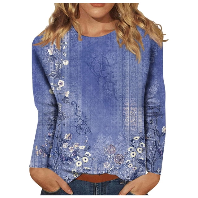 SNKSDGM Hauts à Manches Longues pour Femmes Décontractés d'Été Hauts d'Entraînement à Manches Longues pour Femmes Grande Taille Mode Décontractée pour Femmes T-Shirt à Col Rond Imprimé à Manches Longues à Enfiler L