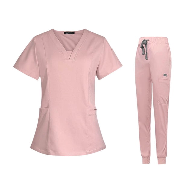 ziyahi Ensemble de Sarrau pour Femme Infirmière Col en v Lavable à la Machine Manches Courtes Tenue L Rose