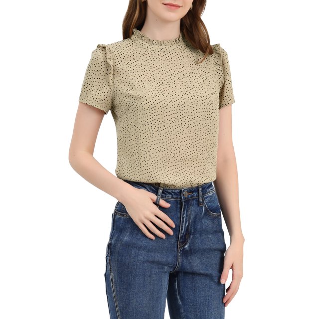 INSPIRE CHIC Blouse Décontractée à Manches Courtes pour Femme, Volants, Pois, Col Rond, Hauts, TG Beige Foncé
