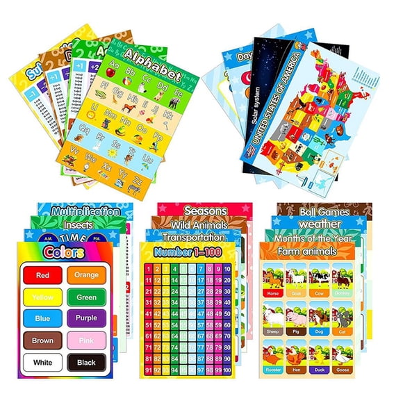 LOVEVER 16 Sheets Educational Posters for Math Preschool Waterproof Learning Shapes Cartoon Paper Jam Toddler