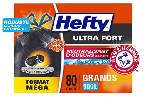 Hefty Garbage Bags, Value Pack Large 100 Litres Black, Drawstring, Arm & Hammer odour neutralizer