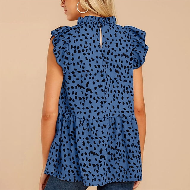 Chemise Femme à Volants Sans Manches Blouse Imprimée Col Claudine Haut Femme Haut à Pois, Bleu, P