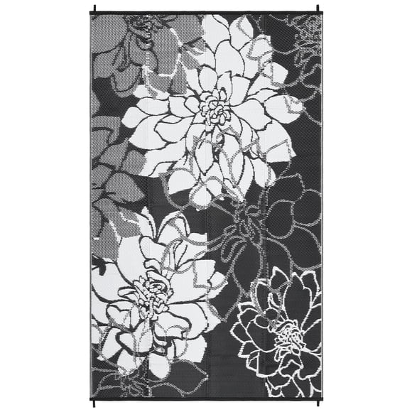 Waterproof Reversible Outdoor Rug, Modern Black & White Floral Plastic Straw Patio Carpet, UV Resistant, Easy Clean with Stakes & Storage Bag, 8x10ft for RV, Garden, Balcony, Deck, Porch, Camping