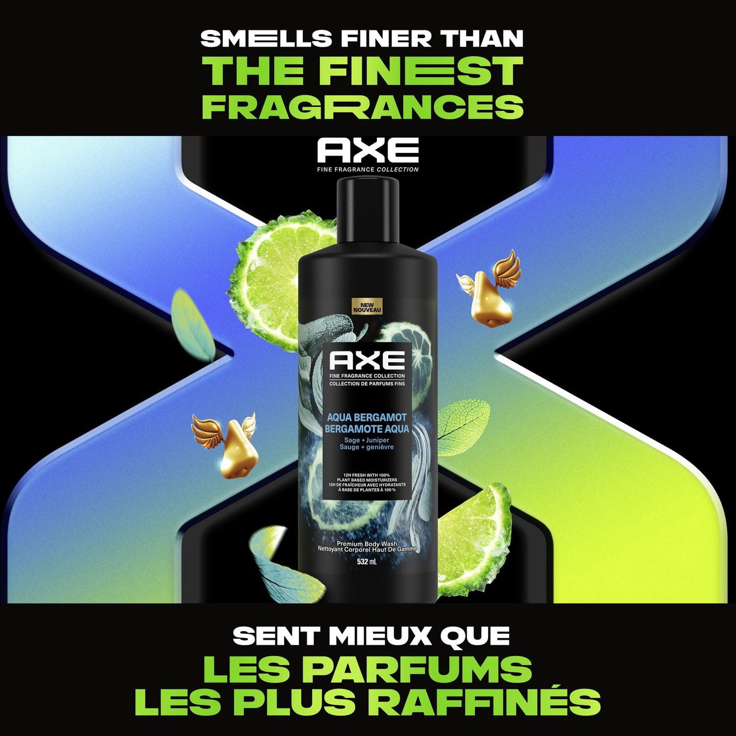 AXE Fine Fragrance Collection Body Wash For Men 12h Refreshing Scent Shower Gel Aqua Bergamot Infused with Bergamot, Sage, and Juniper Essential Oils, 532 mL