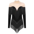 thumbnail image 1 of Alvivi Justaucorps de Danse pour Femmes Manches Longues Patchwork en Maille avec Strass à Franges Robe de Danse Latine Tango Noire L, 1 of 5