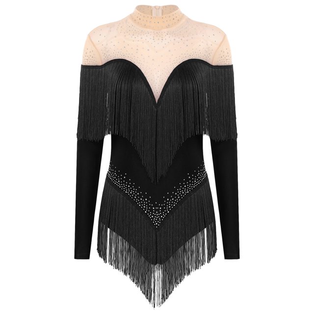 Alvivi Justaucorps de Danse pour Femmes Manches Longues Patchwork en Maille avec Strass à Franges Robe de Danse Latine Tango Noire L