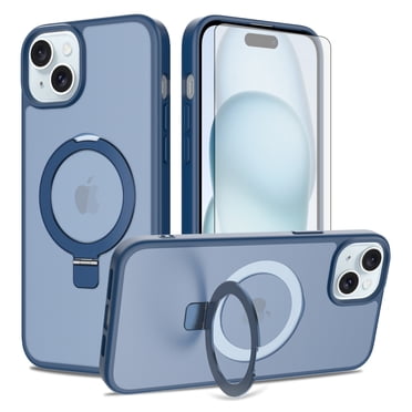 Asuwish Étui de Téléphone pour iPhone 14 Plus/15 Plus 6,7 Pouces Protecteur d'Écran en Verre Trempé Support Pliant Magnétique Givré Translucide Robuste Antichoc Étui de Protection pour Cellulaire i-Phone 14+ iPhone15+ Bleu