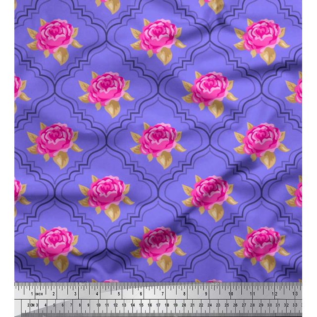 Soimoi Tissu de Velours Design Quadrillé, Feuilles & Rose Imprimé Floral 1 Yard 58 Inch Wide