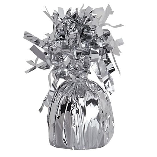 Foil Balloon Weight - Silver rectangular silver foil balloon weight 4.5" x 2.25", 6.2 oz, front-facing shot showing metallic surface; secures helium balloons for balloon bouquets or table centerpieces and anchors balloons at birthday, wedding or holiday parties; suitable as a small event paperweight.